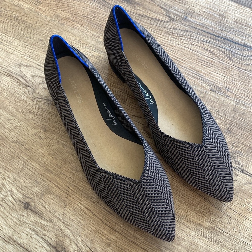 Rothy's Pointed Flats in Black and Brown Herringbone with Blue Trim